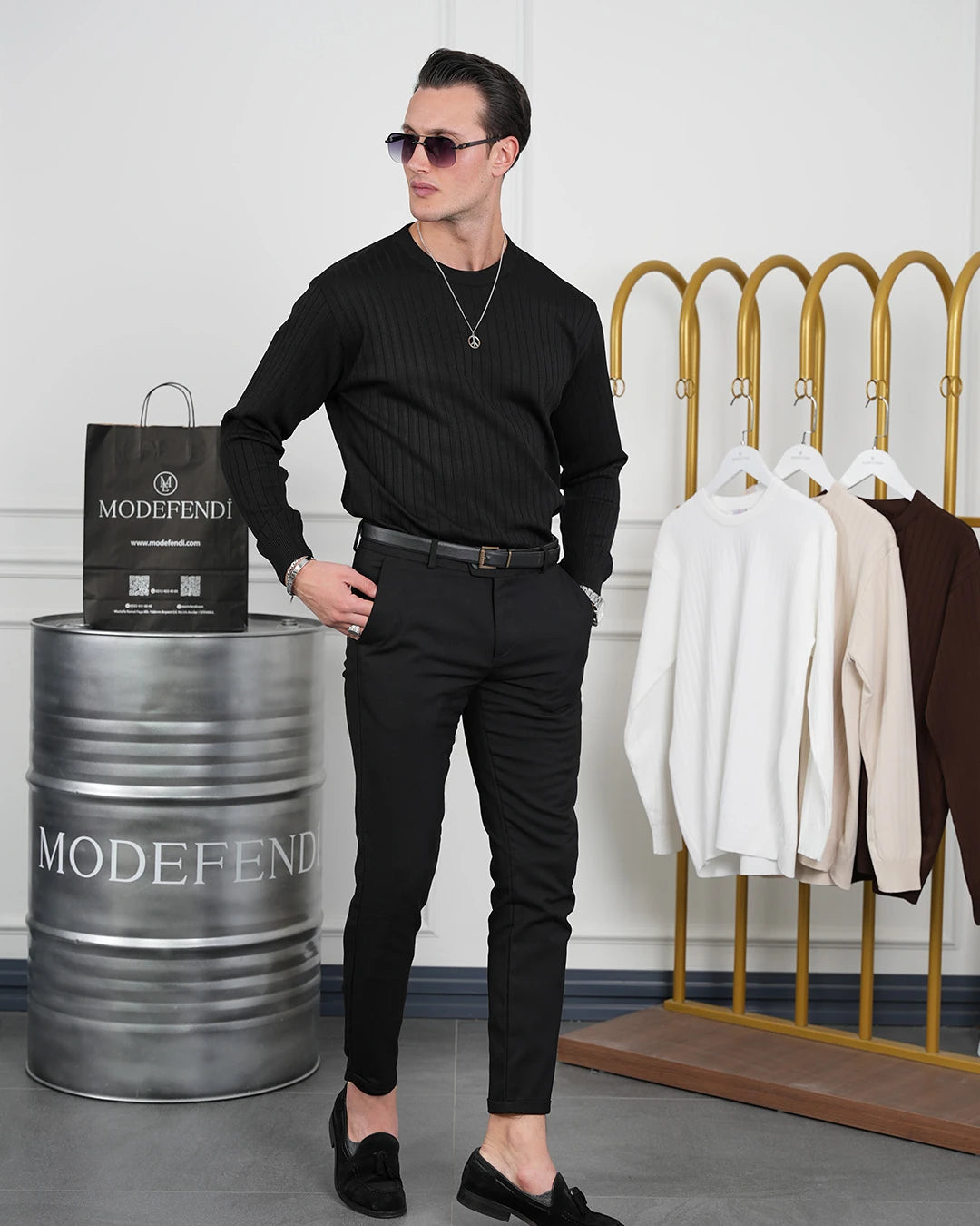 Pamuk Likra Slim Fit Bisiklet Yaka Dikey Çizgi Triko Kazak