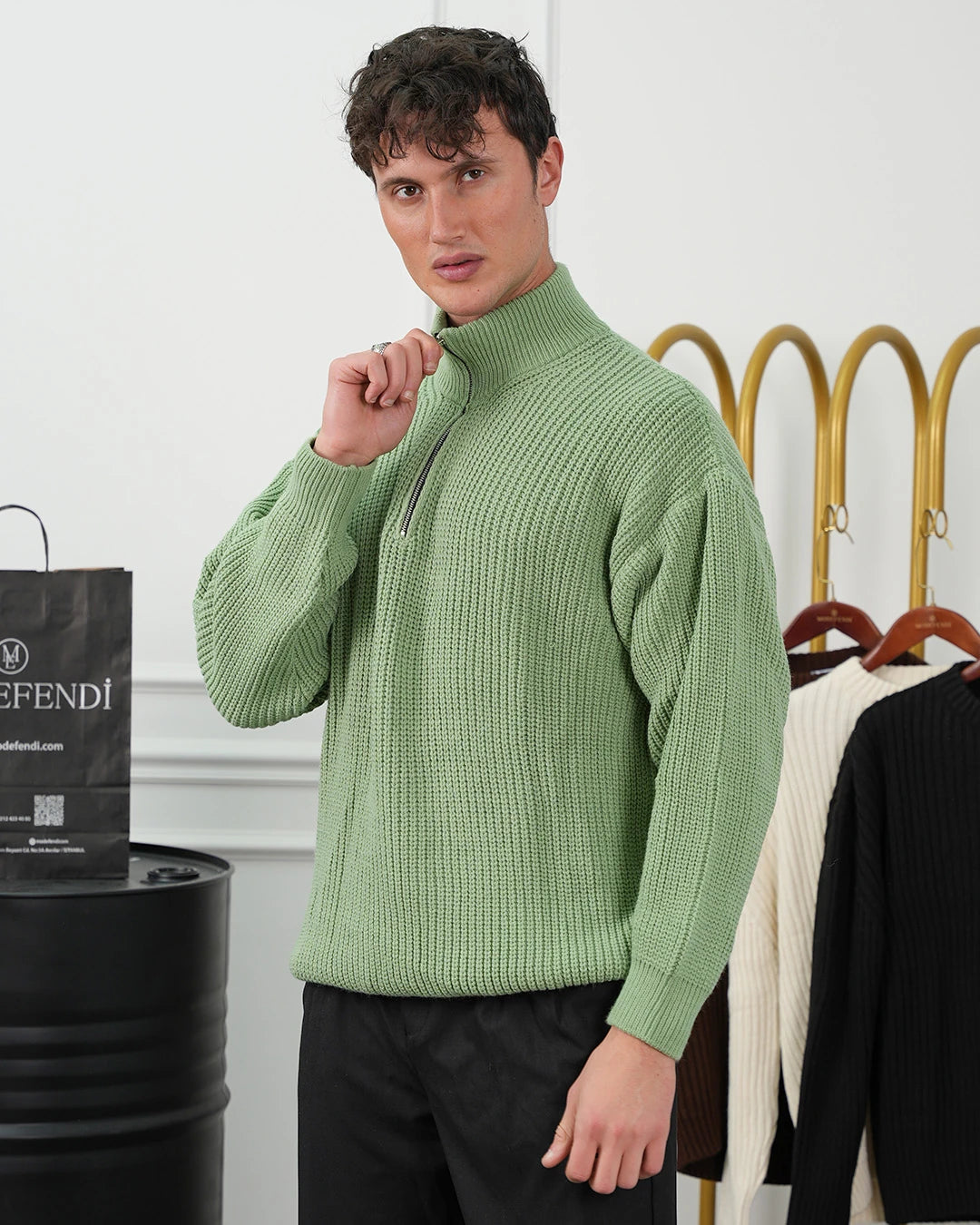 Örgü Desen Fermuar Detaylı Oversize Kazak