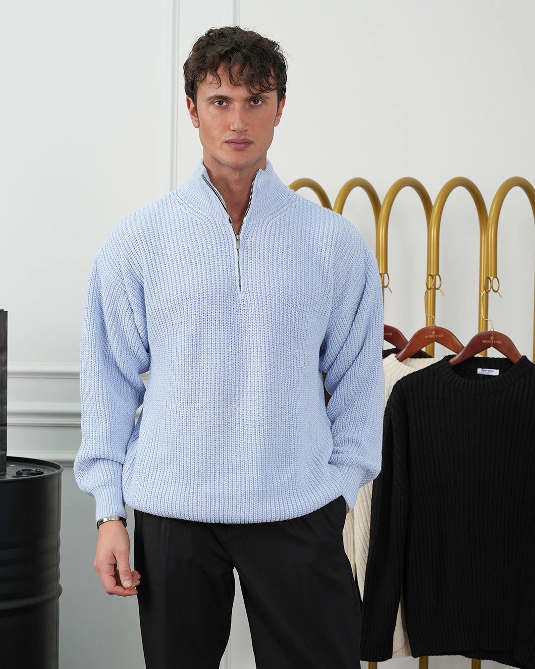 Örgü Desen Fermuar Detaylı Oversize Kazak