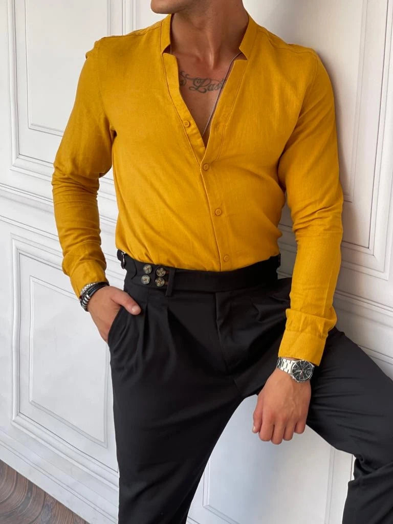 Rahat Kalıp  Yaka Yırtmaç Detaylı Keten Gömlek