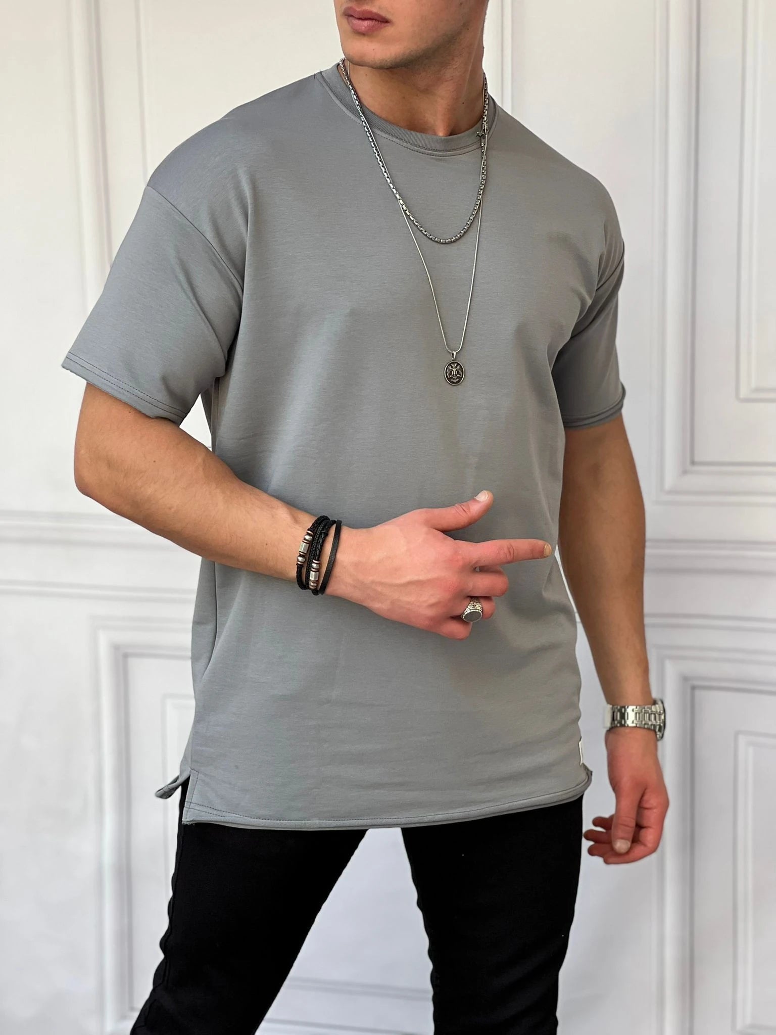 Pamuk Likra Yırtmaç Detaylı 2 İplik Oversize Tshirt