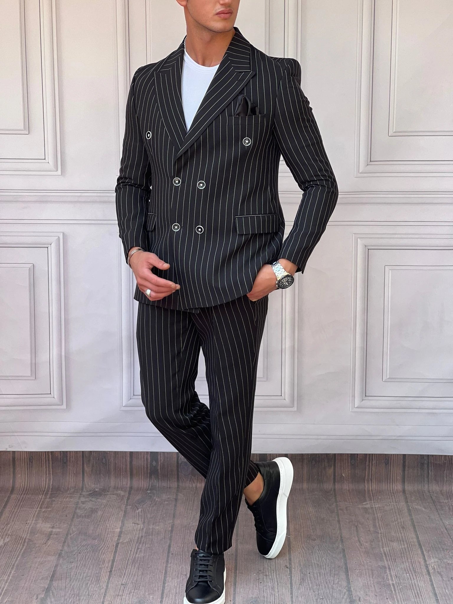 Çizgi Detaylı Kruvaze Ceket Pantolon Takım