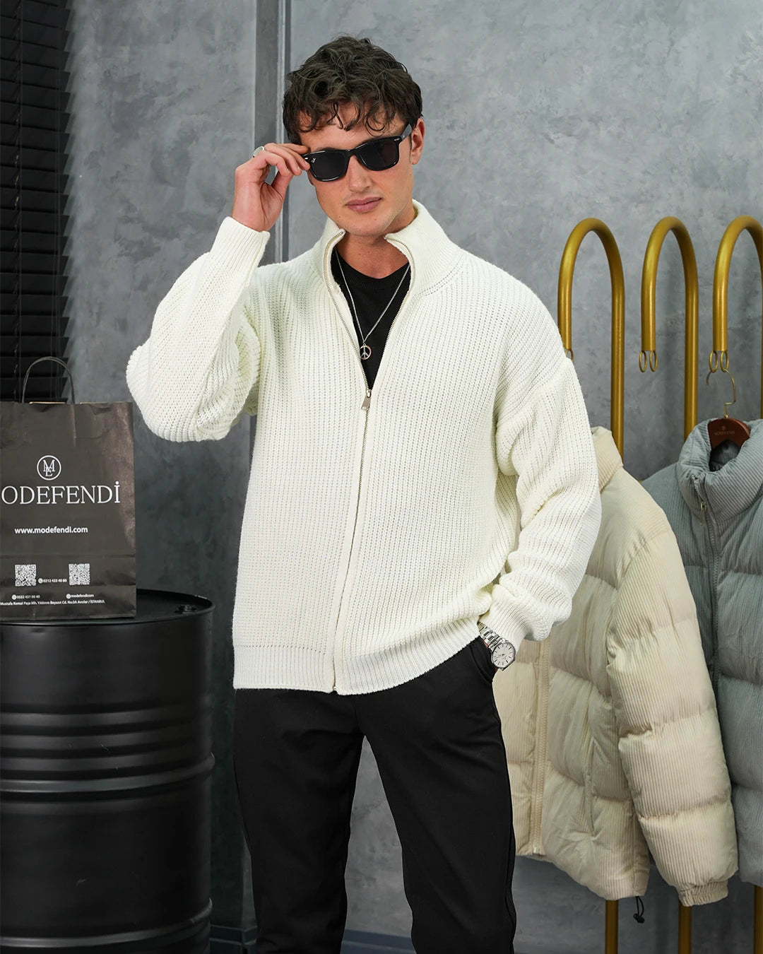 Yüksek Kalite Örgü Desen Fermuarlı Triko Hırka