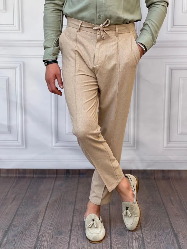 Ham Keten Normal Kalıp İp Ve Çizgi Detaylı Yazlık Pantolon