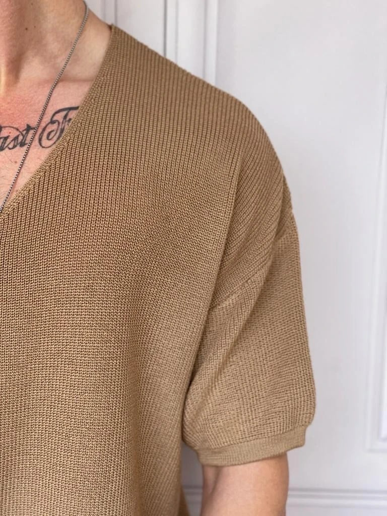 Relaxed Kalıp(Geniş Kalıp) Örme Triko Derin Açık Yaka Tshırt