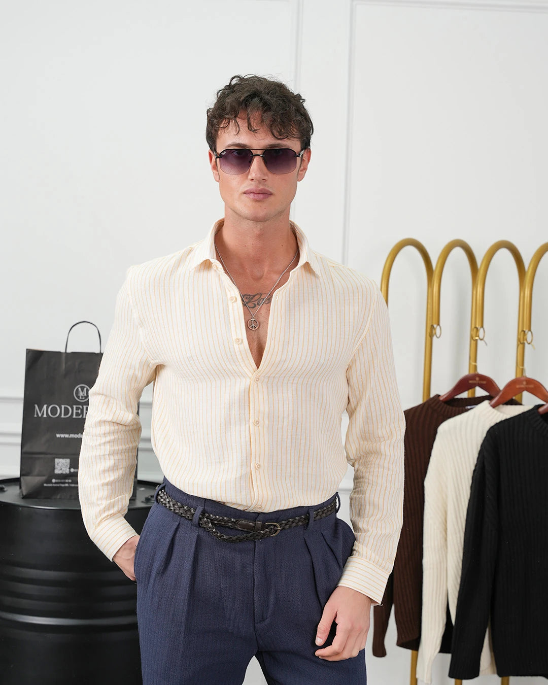 İnce Fitilli %100 İnce Pamuk Keten Regular Kalıp Gömlek