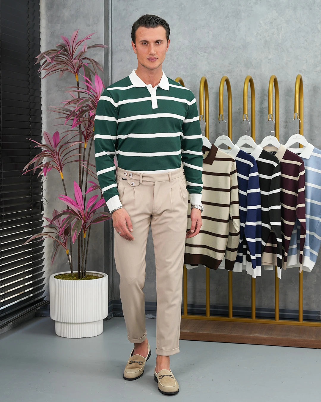 Pamuk Likra Slim Fit Örgü Yatay Desen Yaka Şerit Detaylı Polo Yaka Kazak