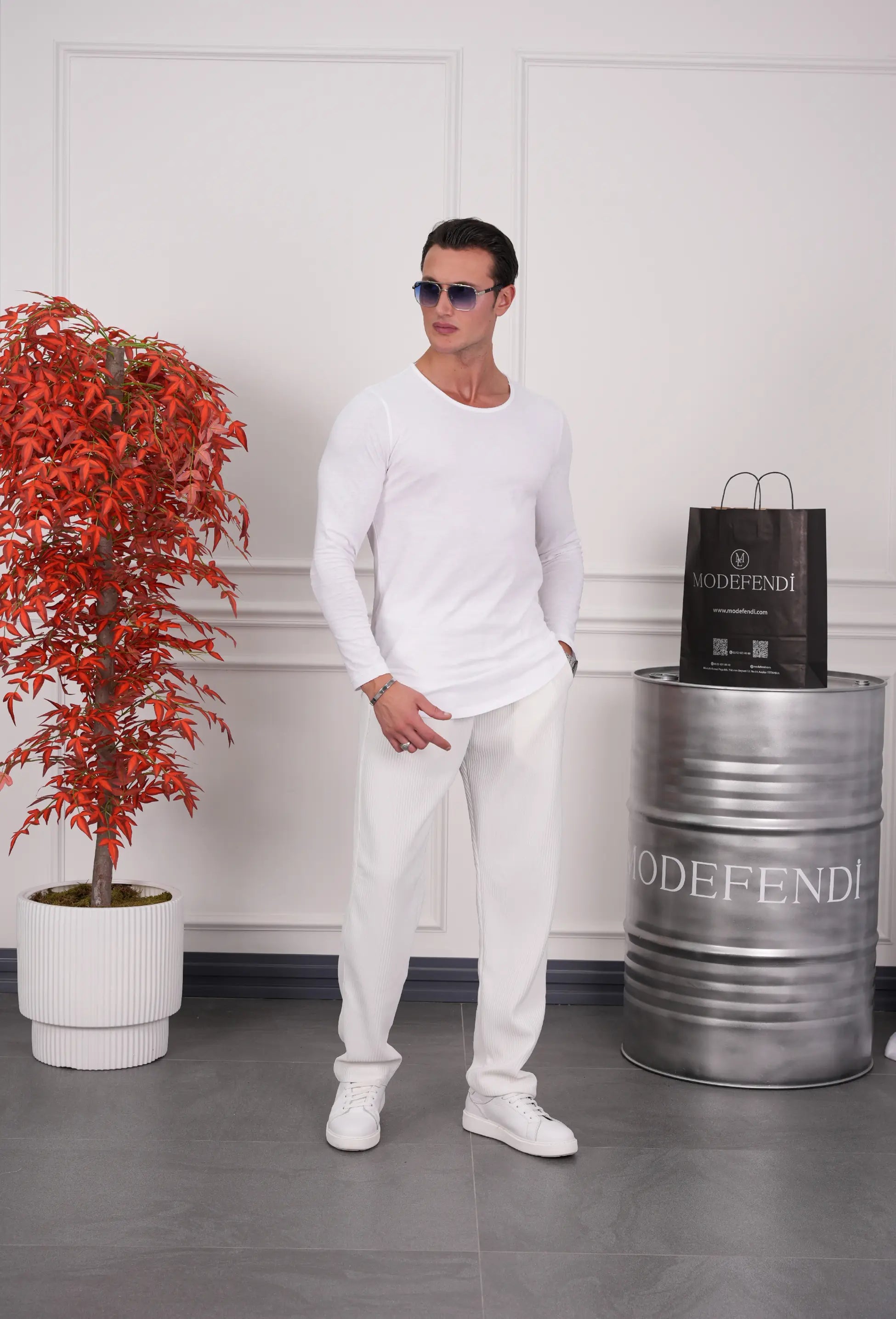 Slim Fit Oval Kesim Uzun Kollu Pamuk Basic Tshırt