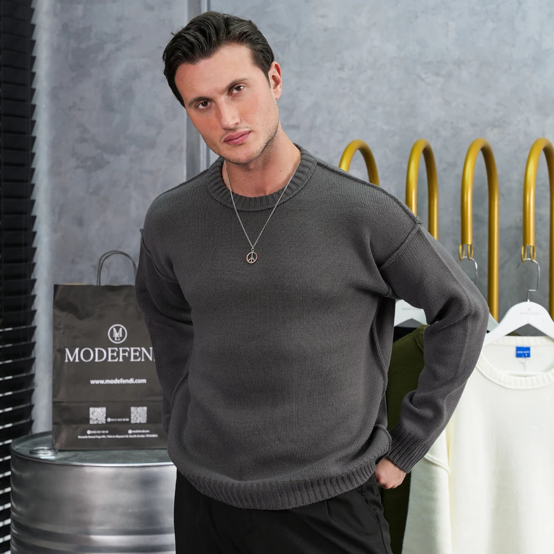 Ters Dikiş Oversize Bisiklet Yaka Yün Pamuk Kazak