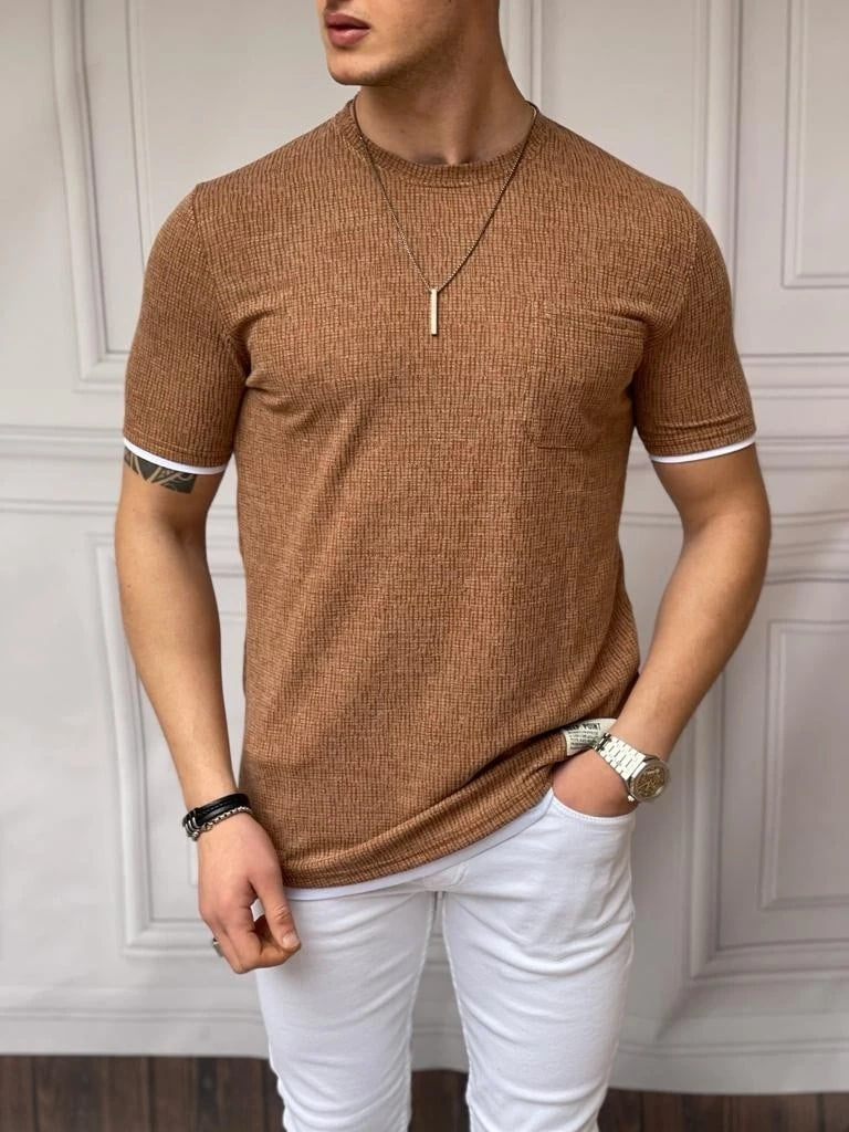 Slim Fit Gofre Kumaş Parçalı Tshırt