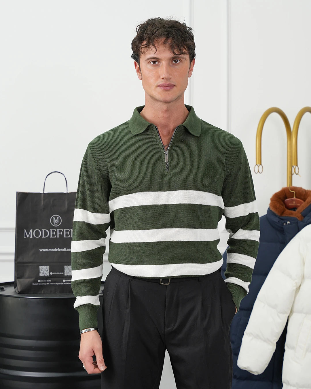 Yüksek Kalite Fermuar Detaylı Desenli Triko