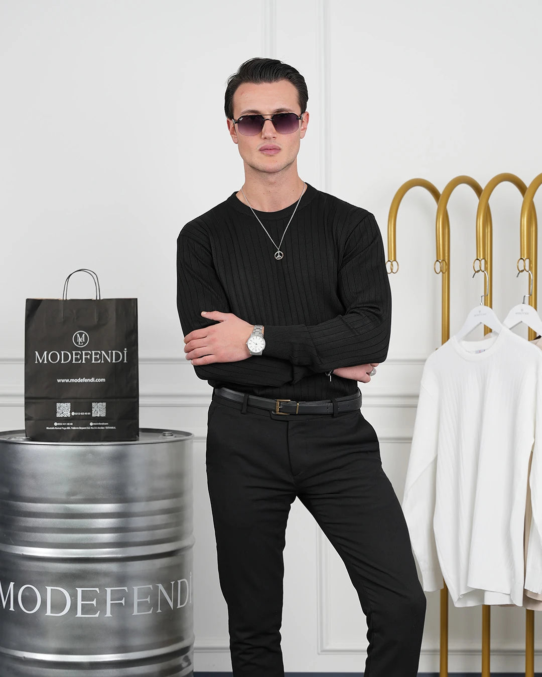 Pamuk Likra Slim Fit Bisiklet Yaka Dikey Çizgi Triko Kazak