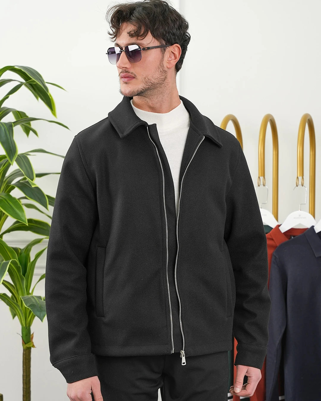 Düz Yaka Fermuarlı Kaşe Ceket