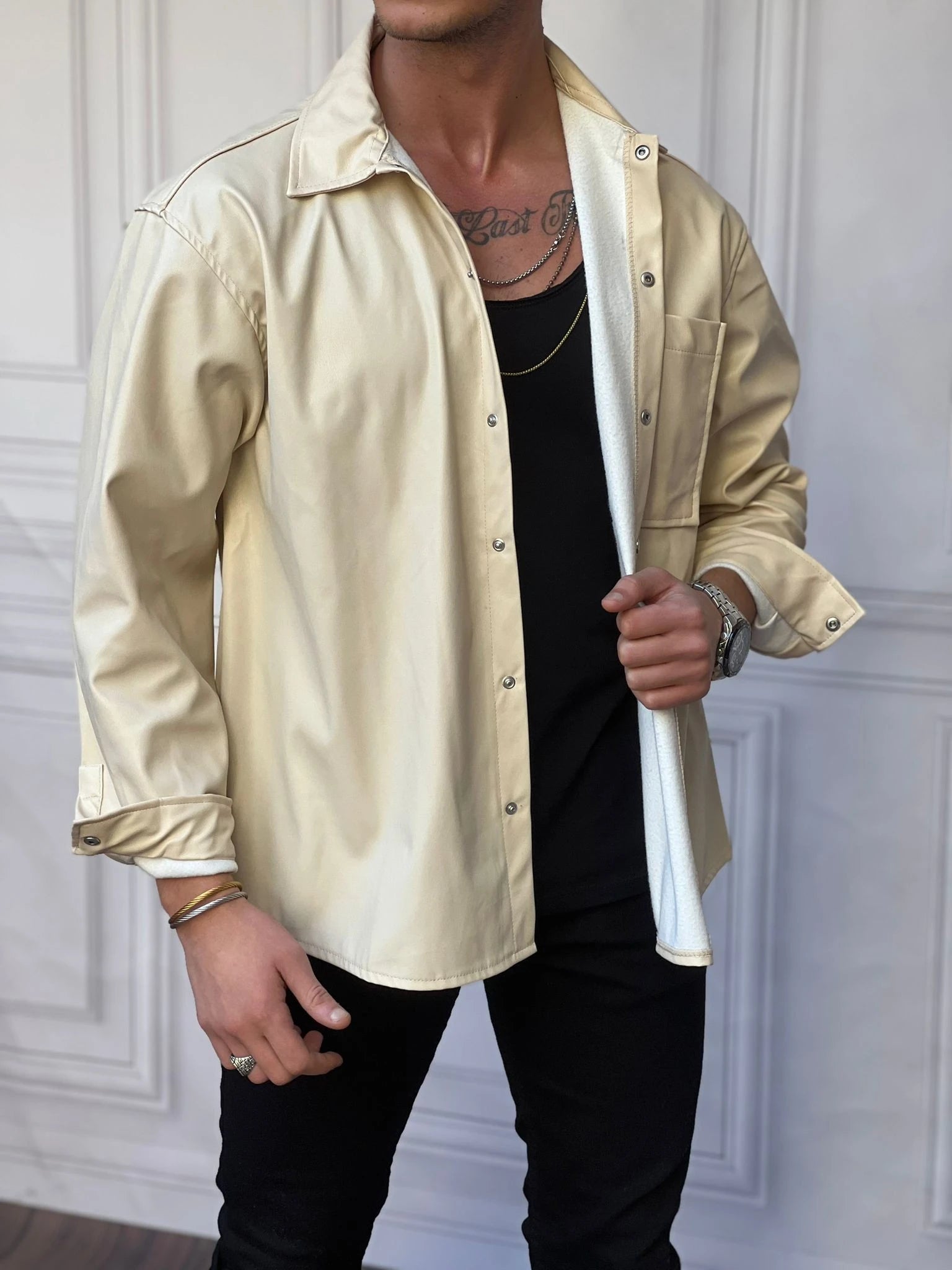 Yüksek Kalite Tek Cep Detaylı Oversize Deri Gömlek