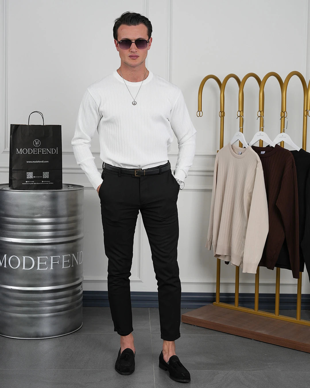 Pamuk Likra Slim Fit Bisiklet Yaka Dikey Çizgi Triko Kazak