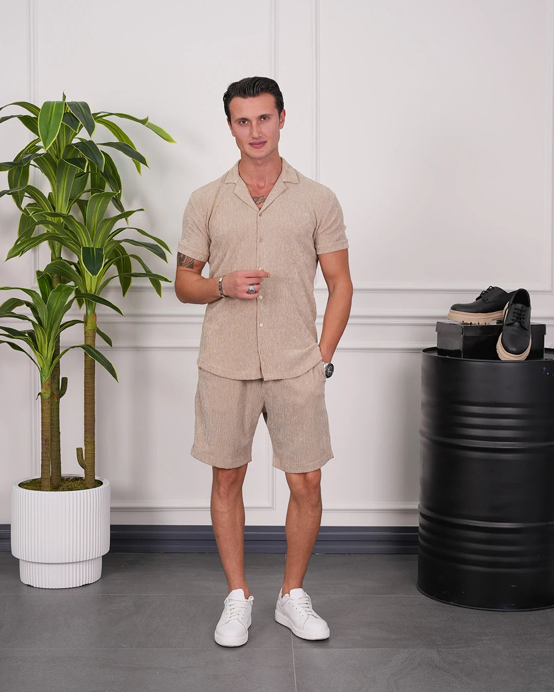 Krinkıl Kumaş Pamuklu Gömlek + Şort Takım