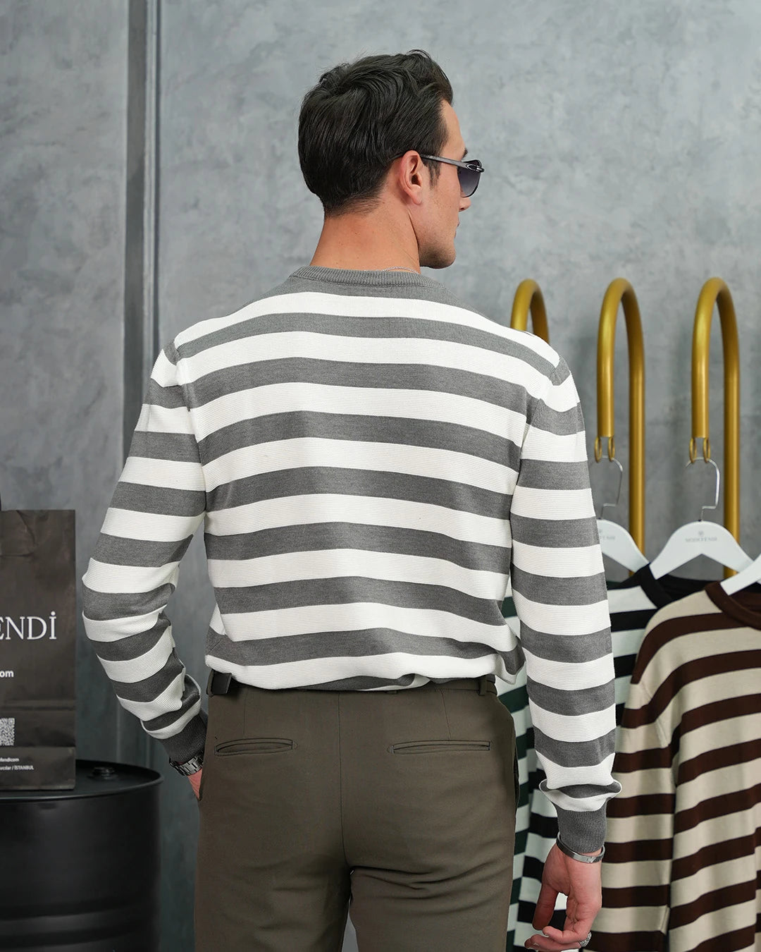 Slim Fit Kalıp Pamuk Likra Yatay Şerit Detaylı Bisiklet Yaka Triko Kazak