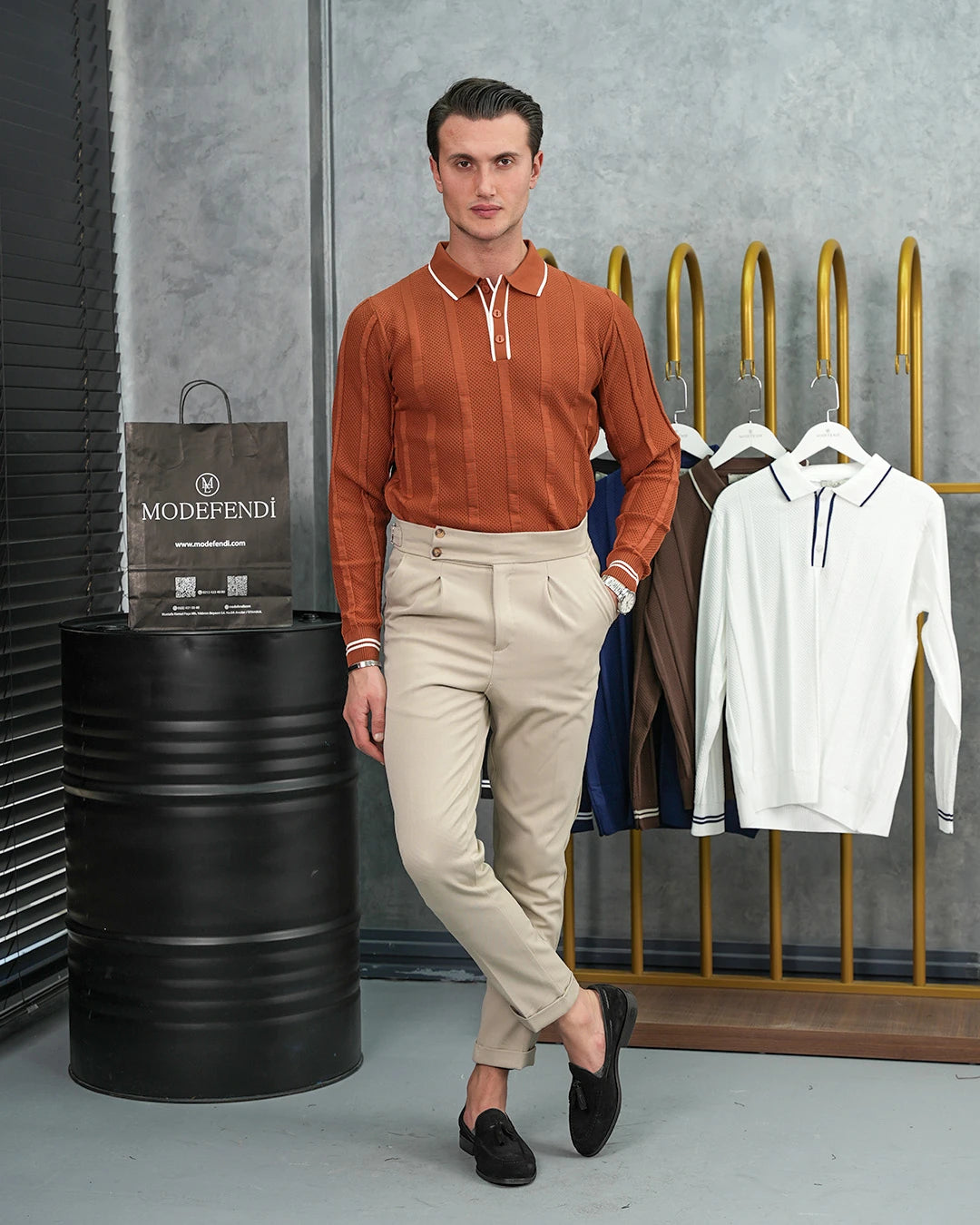 Pamuk Likra Slim Fit Örgü Desen Yaka Şerit Detaylı Polo Yaka Kazak