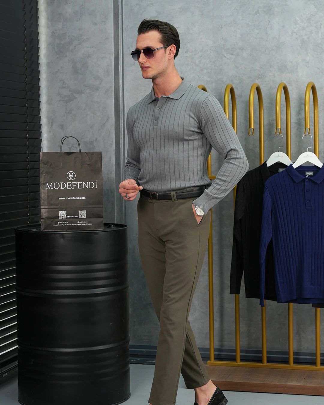 Pamuk Likra Slim Fit Polo Yaka Dikey Geniş Çizgi Triko Kazak