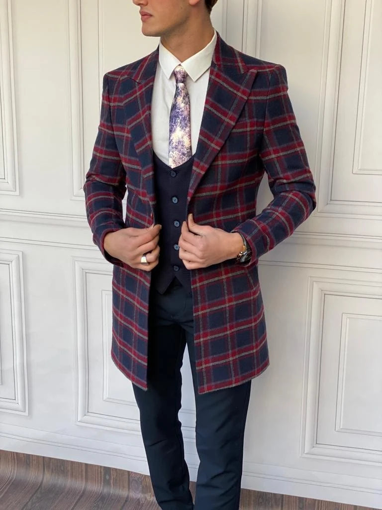 Slim Fit İtalyan Kesim Ekose Kaşe Kaban