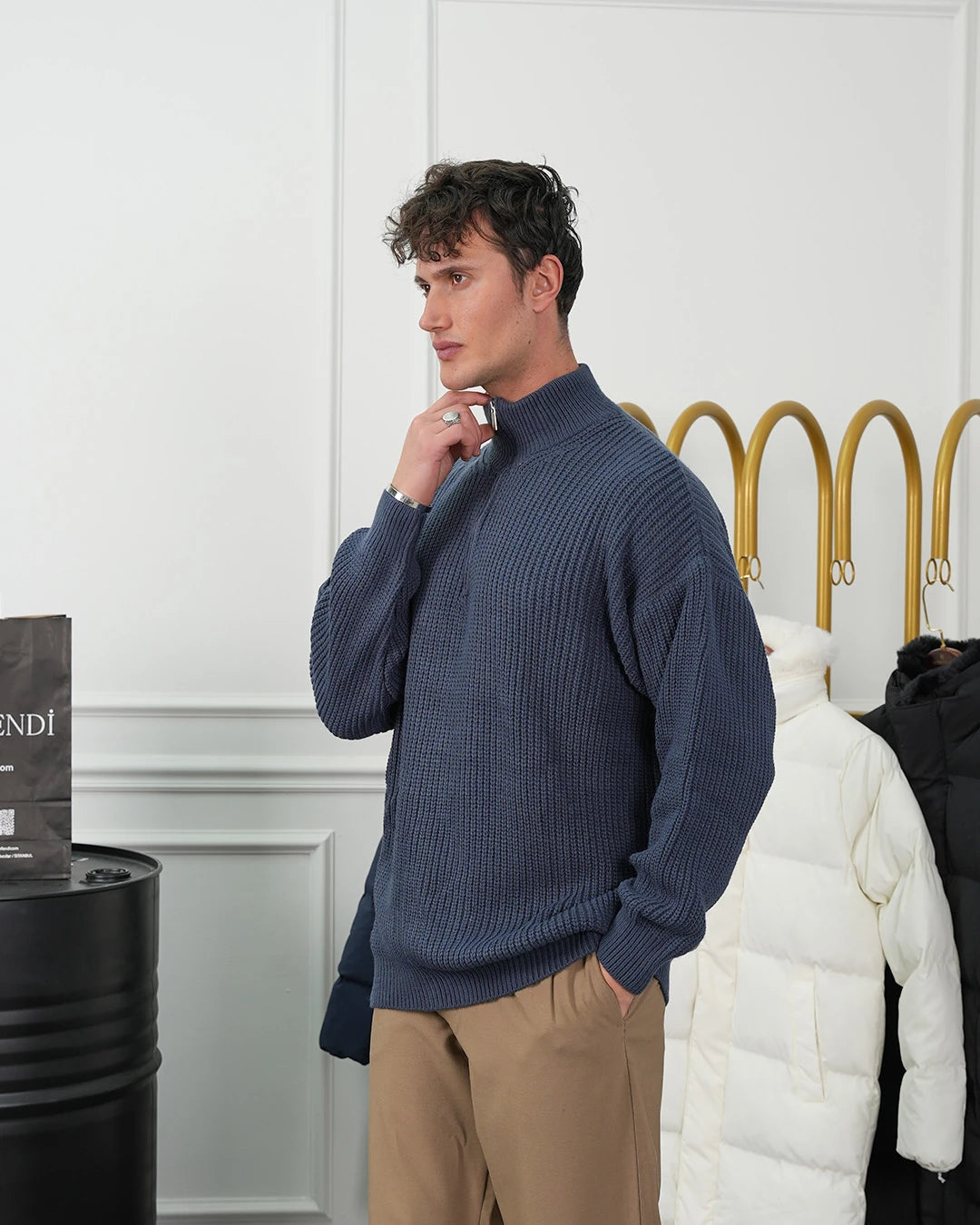 Örgü Desen Fermuar Detaylı Oversize Kazak