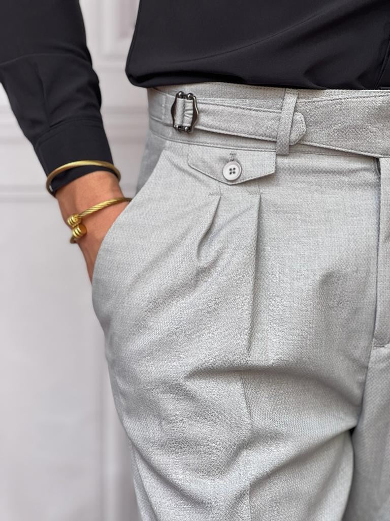 Kuşak Toka Detaylı Kuş Gözü Desen Pileli Pantolon