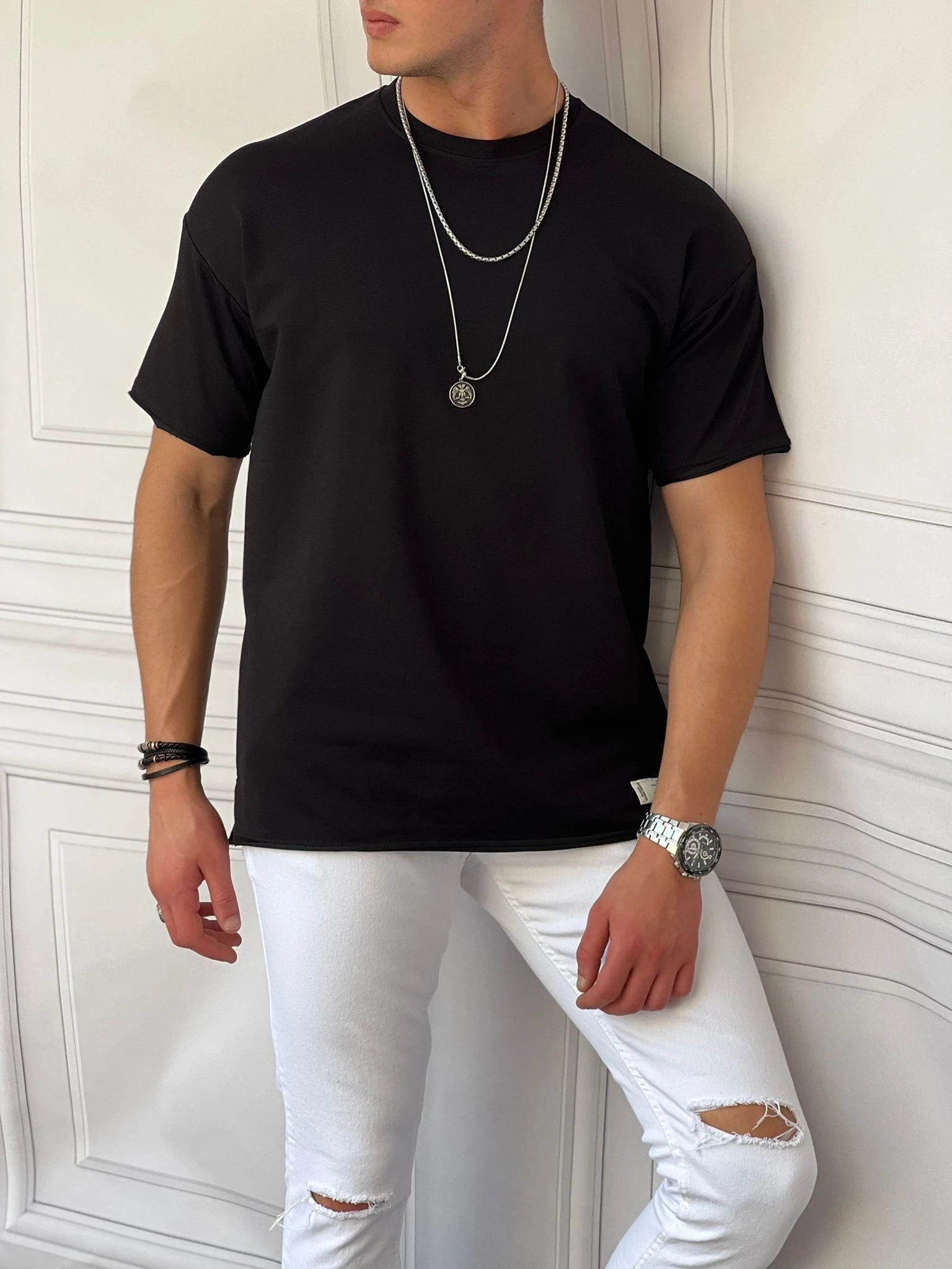 Pamuk Likra Yırtmaç Detaylı 2 İplik Oversize Tshirt