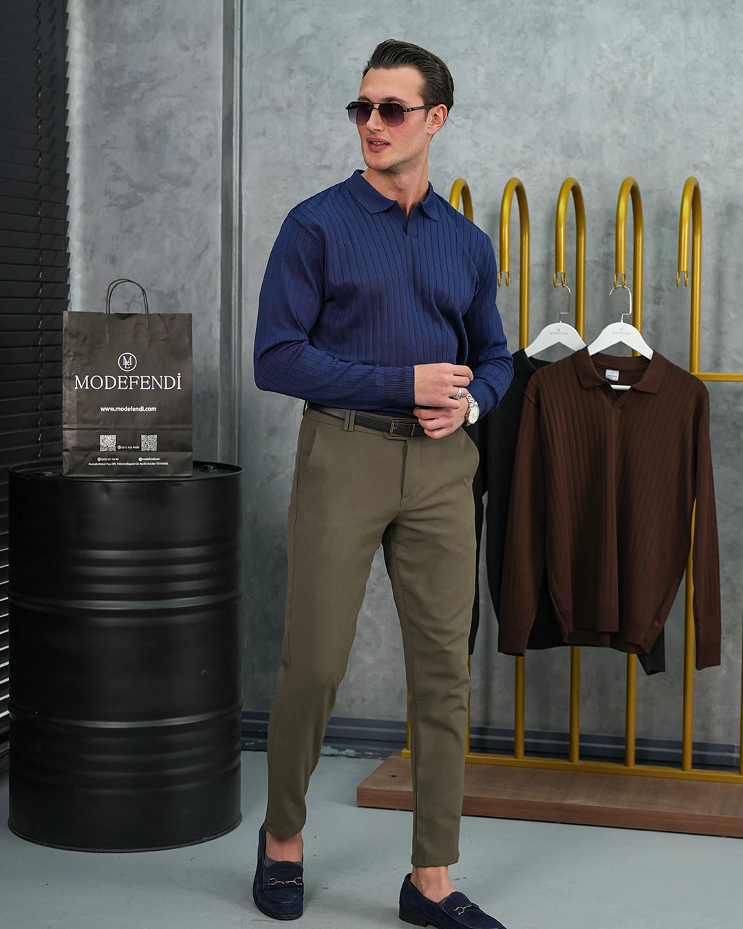 Pamuk Likra Slim Fit Kesik Yaka Dikey Çizgi Triko Kazak