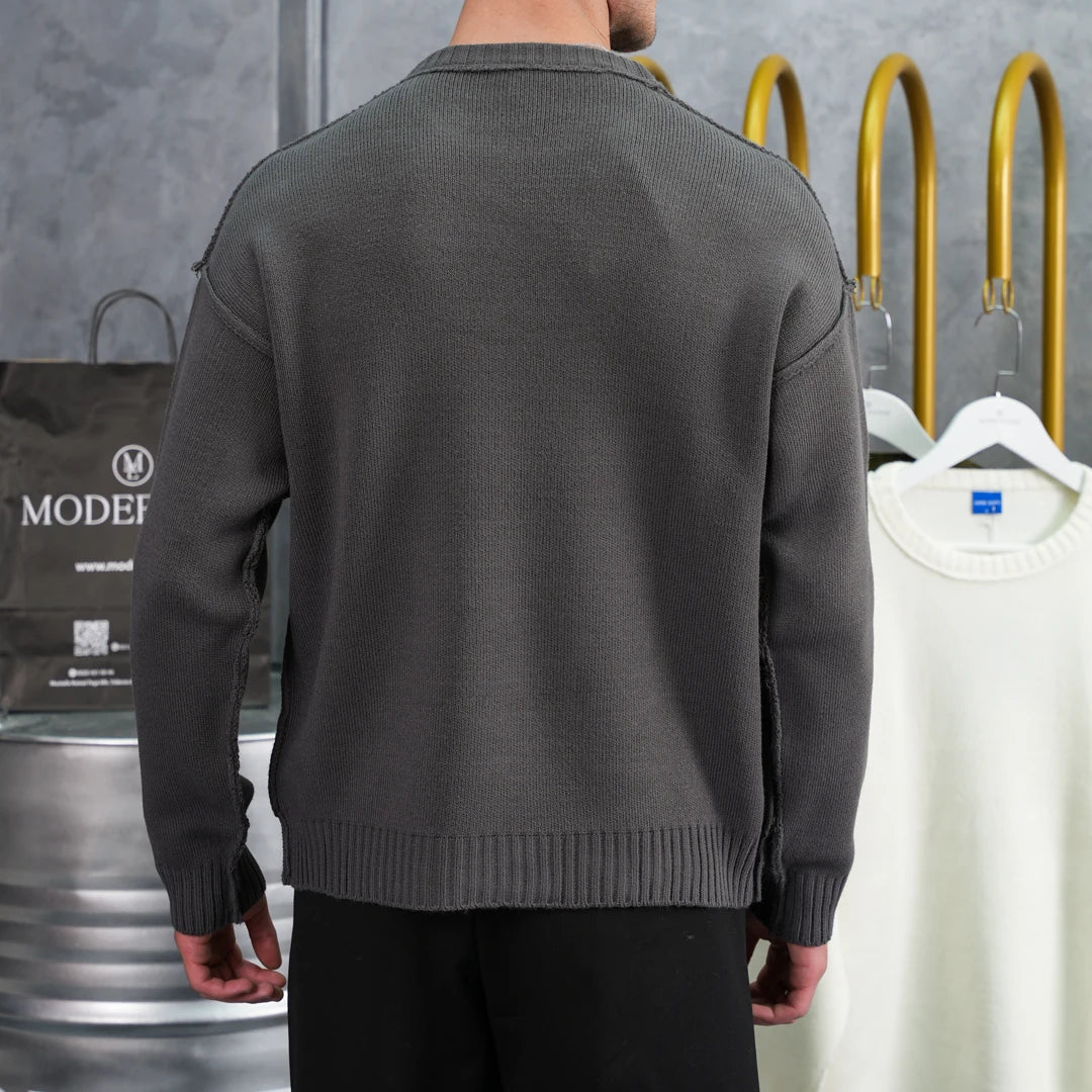 Ters Dikiş Oversize Bisiklet Yaka Yün Pamuk Kazak