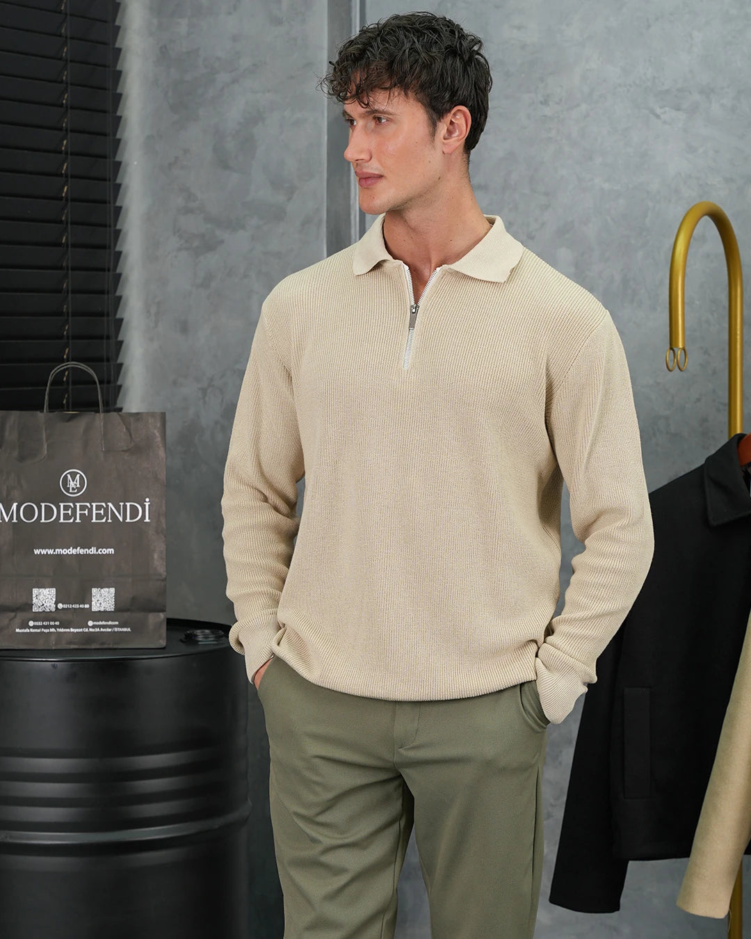 Yüksek Kalite Polo Yaka Fermuar Detaylı Kazak