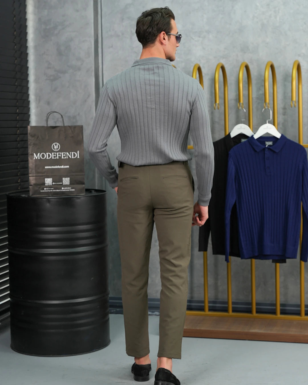 Pamuk Likra Slim Fit Polo Yaka Dikey Geniş Çizgi Triko Kazak