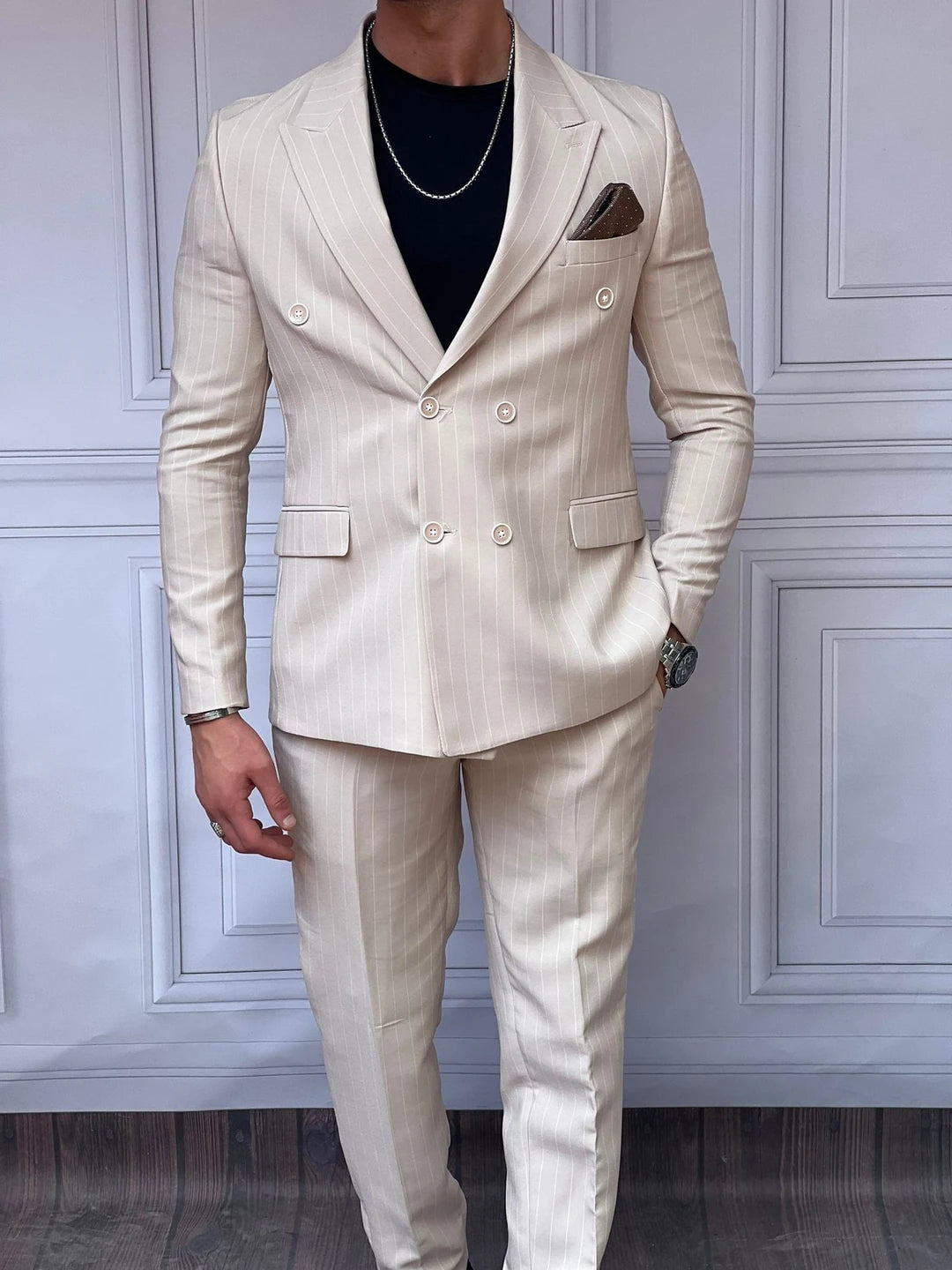 Çizgi Detaylı Kruvaze Ceket Pantolon Takım