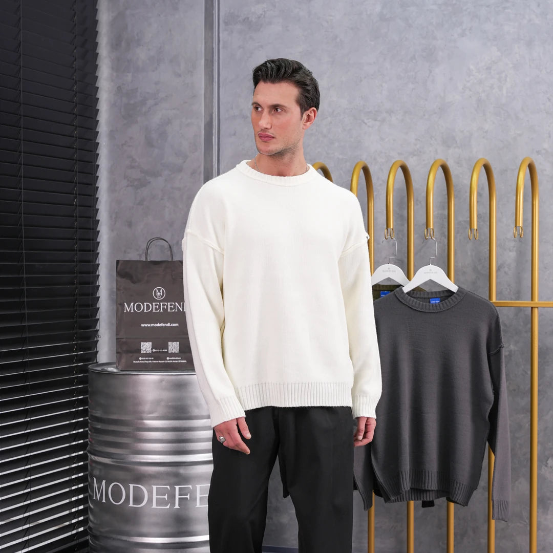 Ters Dikiş Oversize Bisiklet Yaka Yün Pamuk Kazak