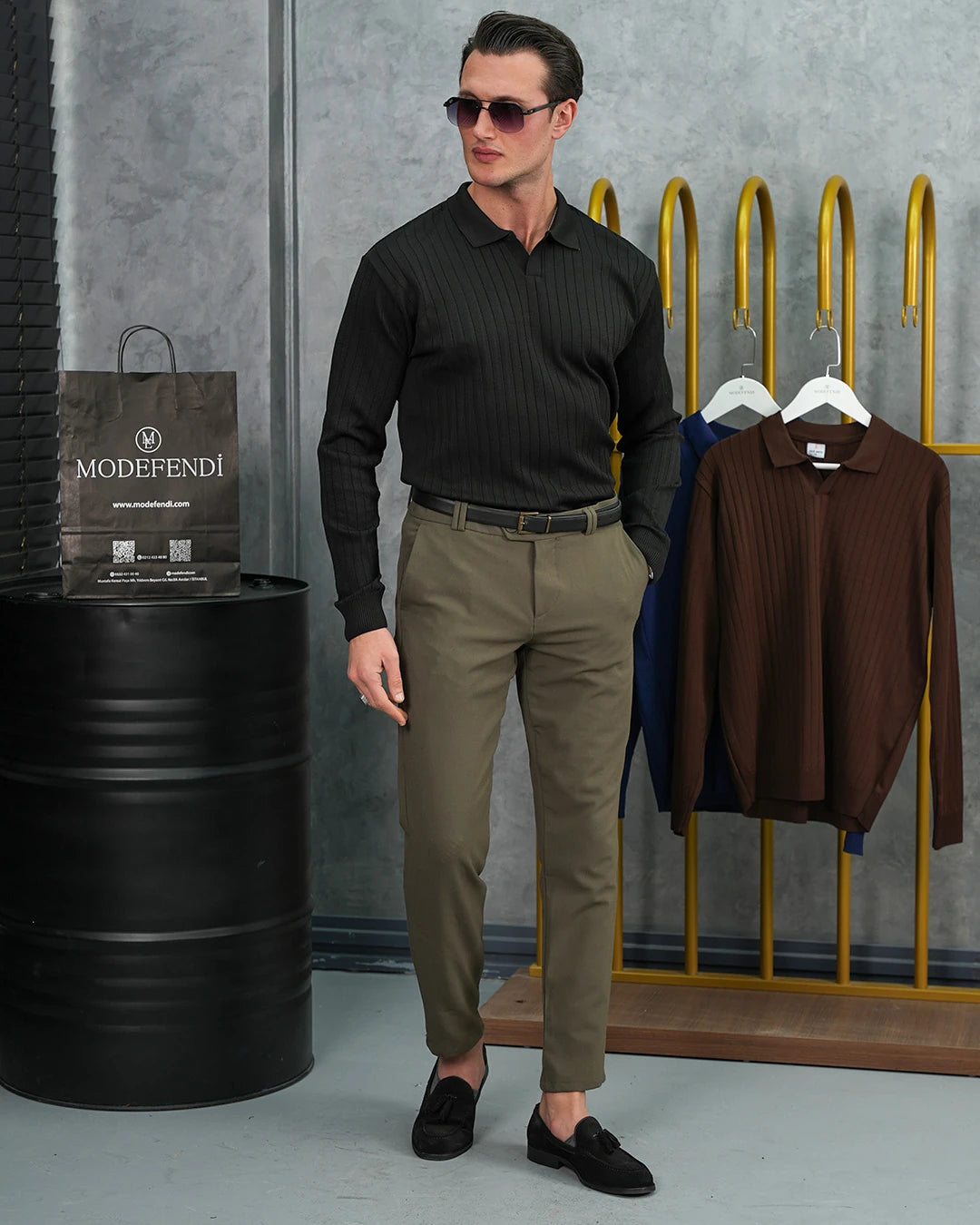 Pamuk Likra Slim Fit Kesik Yaka Dikey Çizgi Triko Kazak