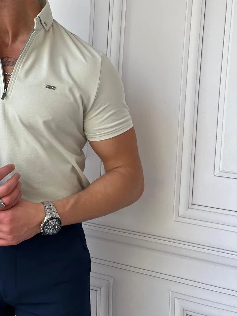 Pamuk Likra Slim Fit Kalıp Bebe Yaka Fermuarlı Tshirt