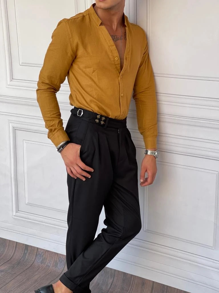 Rahat Kalıp  Yaka Yırtmaç Detaylı Keten Gömlek