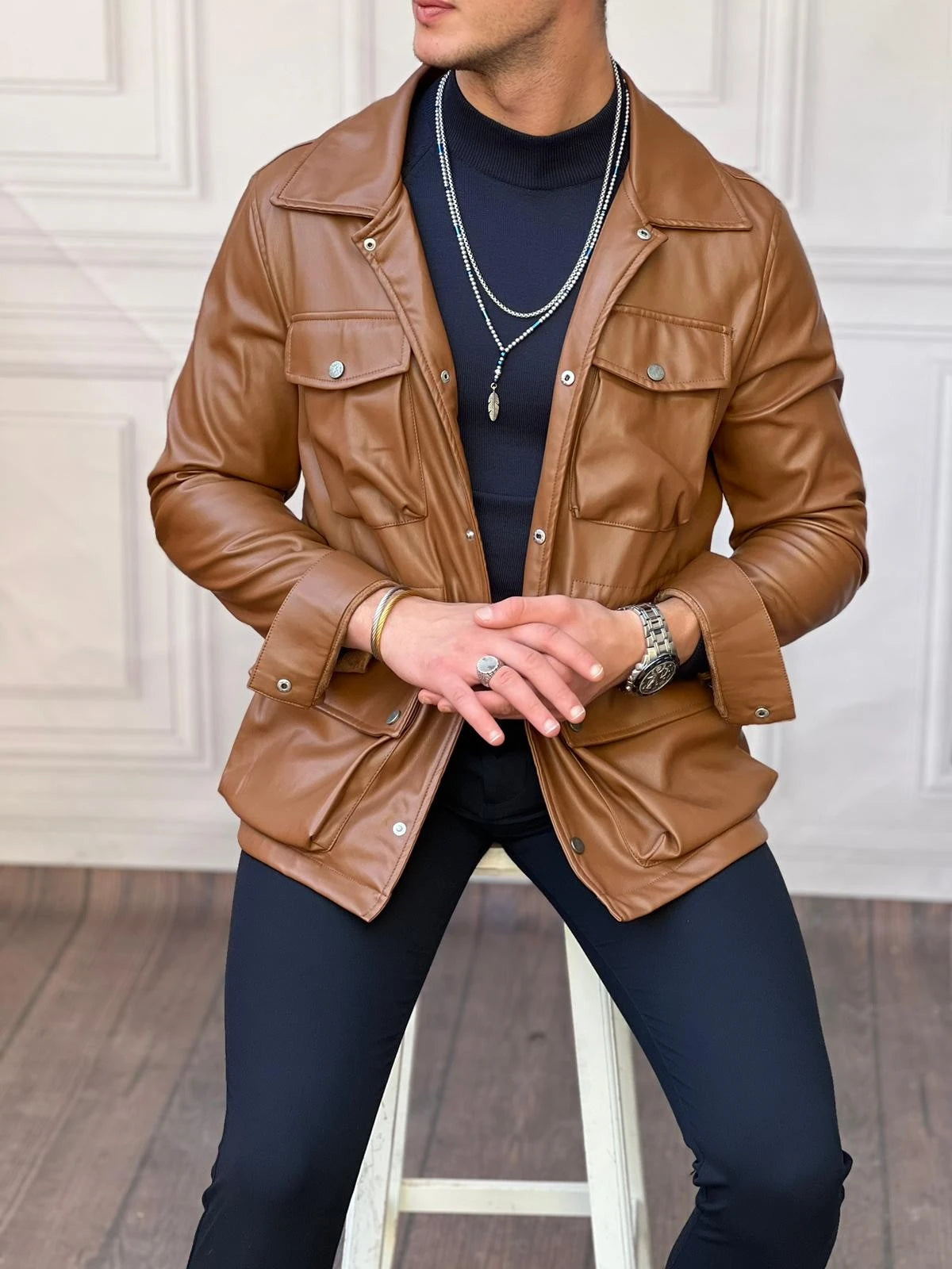 Torba Cep İç Kısmı Sıkma Detaylı Mevsimlik Deri Ceket