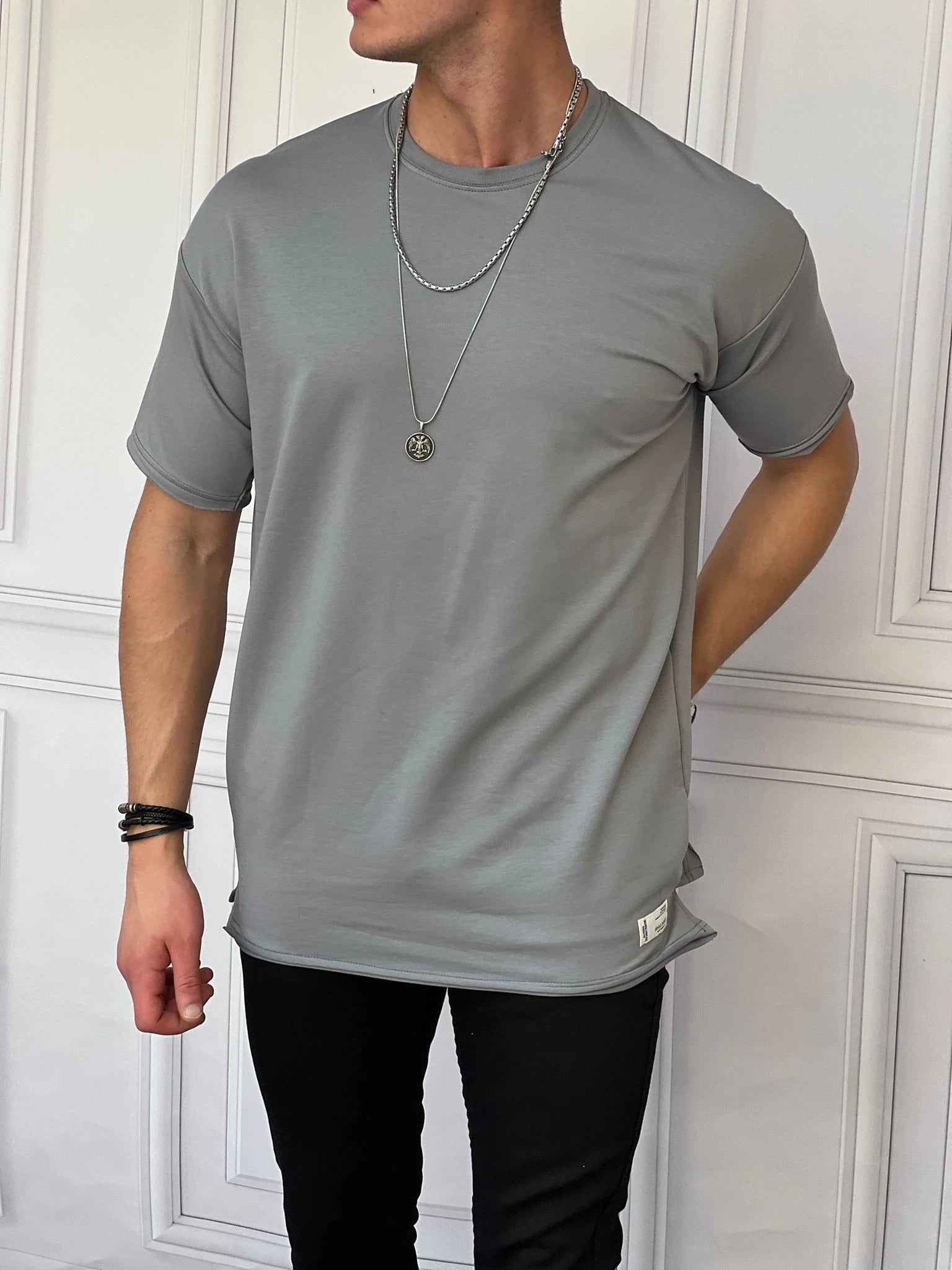 Pamuk Likra Yırtmaç Detaylı 2 İplik Oversize Tshirt