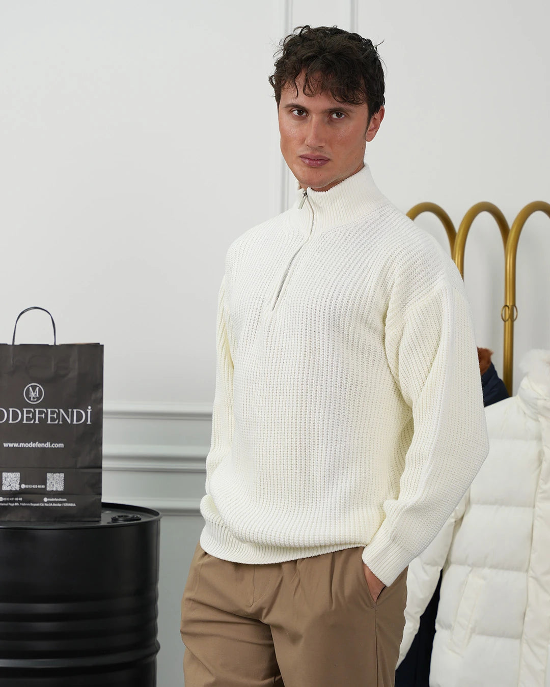 Örgü Desen Fermuar Detaylı Oversize Kazak