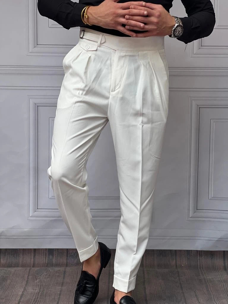 Kuşak Toka Detaylı Kuş Gözü Desen Pileli Pantolon