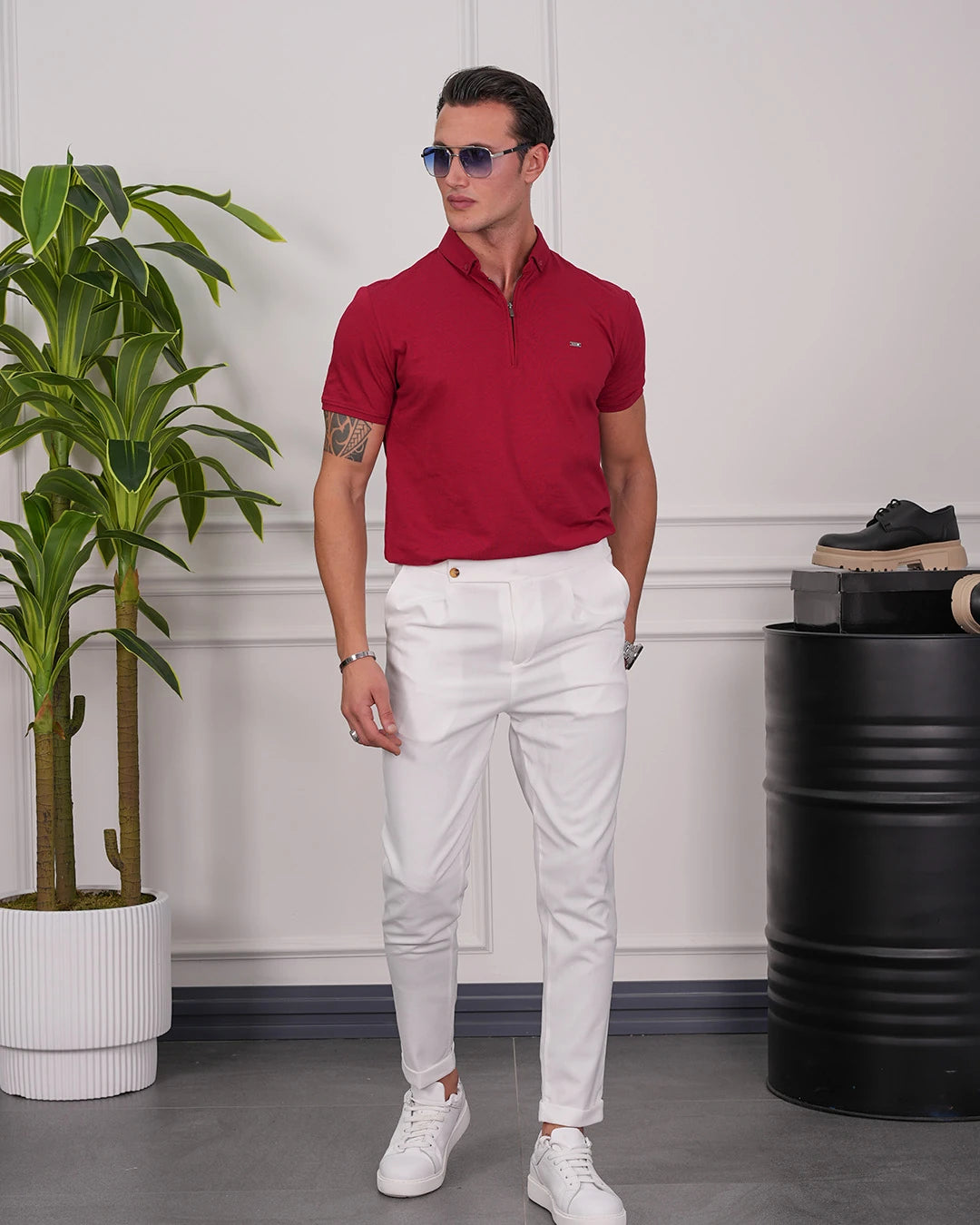 Pamuk Likra Slim Fit Kalıp Bebe Yaka Fermuarlı Tshirt