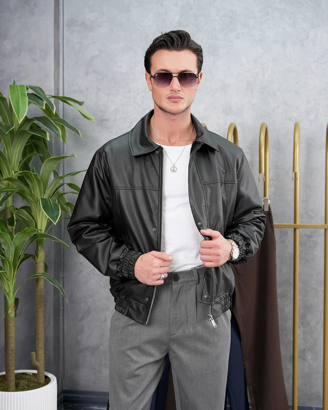 Ribana Kısmı Lastik Detaylı Bomber Deri Ceket