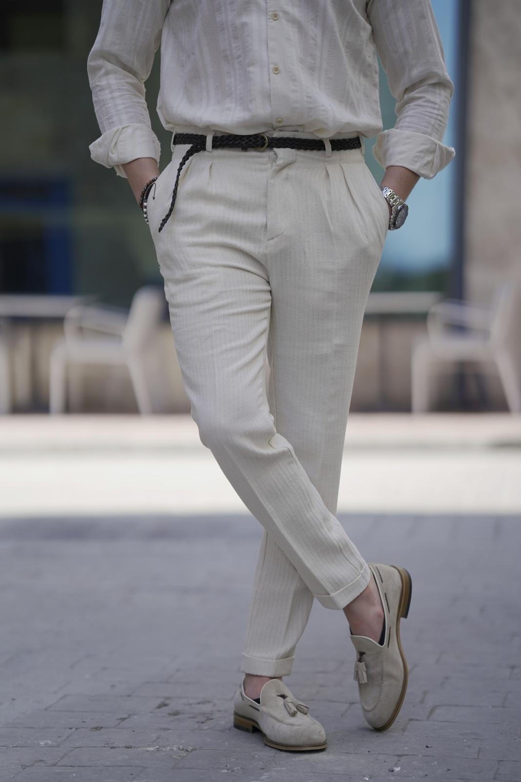 Hasır Örgü Kemerli Pamuk Keten Örme Pileli Pantolon