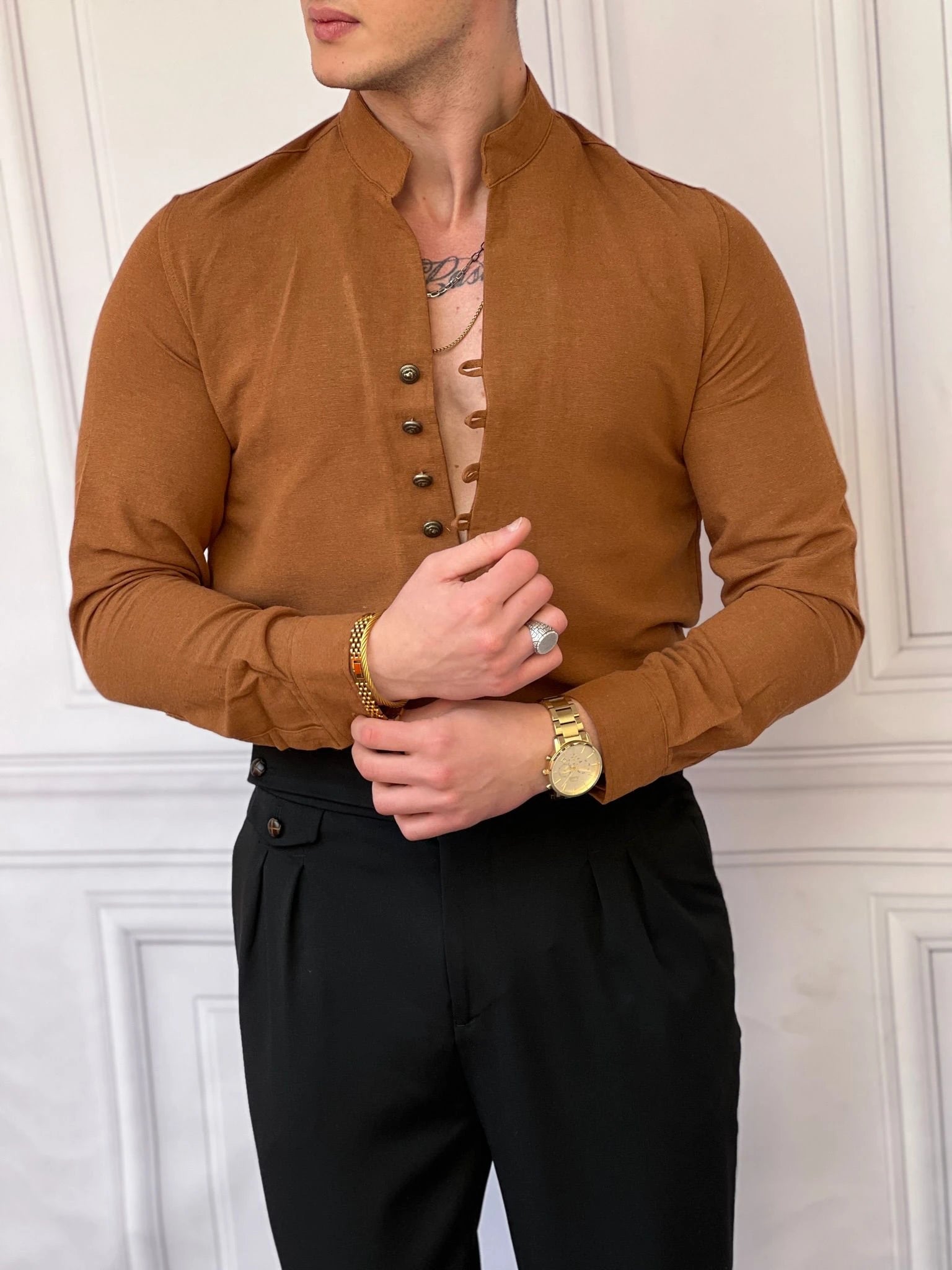 Ham Keten Metal Düğme Gömlek