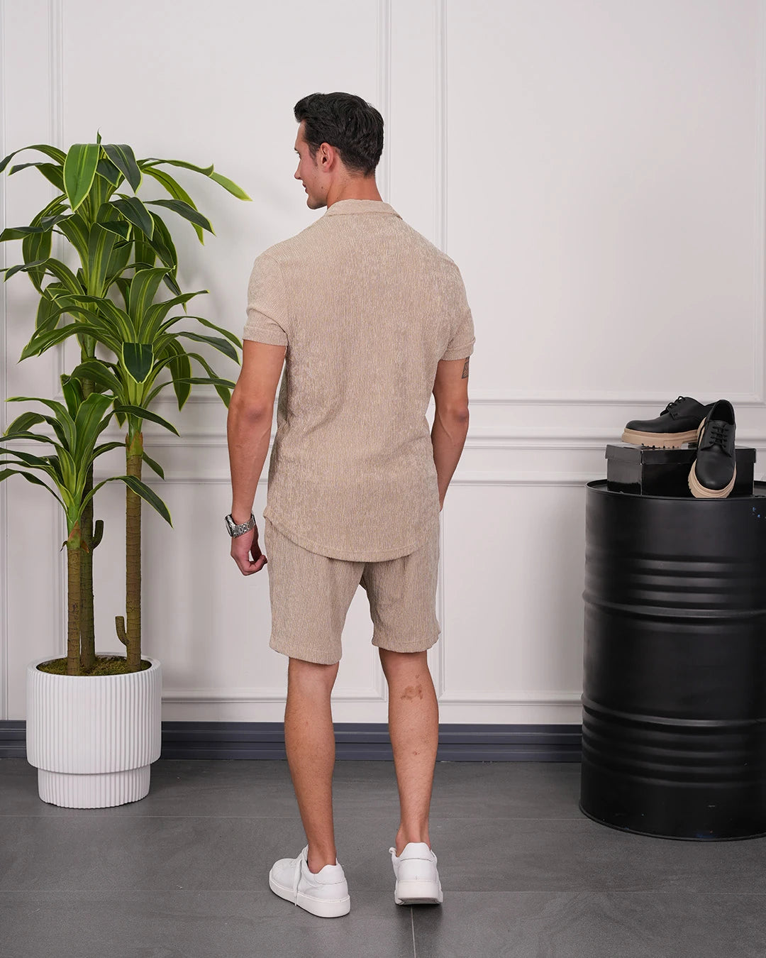 Krinkıl Kumaş Pamuklu Gömlek + Şort Takım