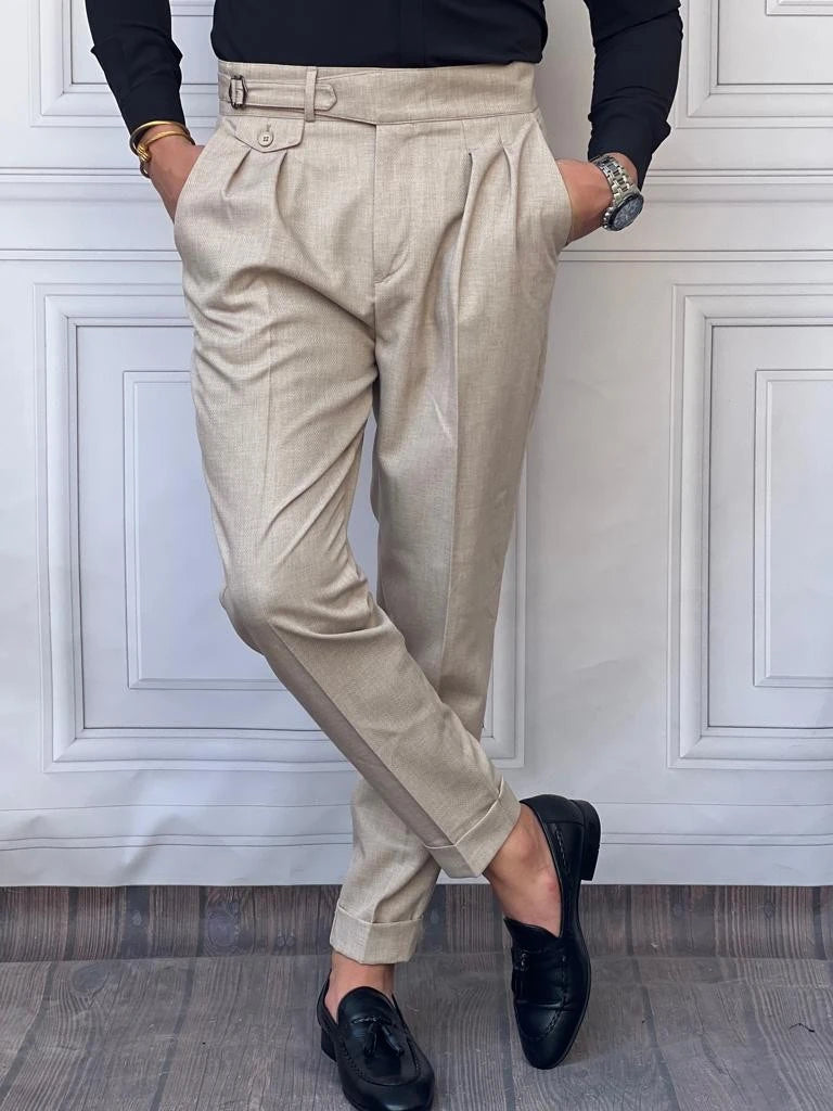 Kuşak Toka Detaylı Kuş Gözü Desen Pileli Pantolon