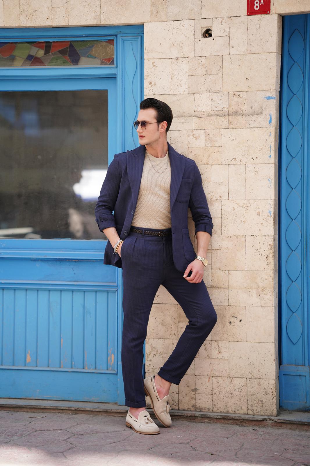 %100 Pamuk Keten Modern Fit Örgü Kemer Detaylı Keten Takım Elbise