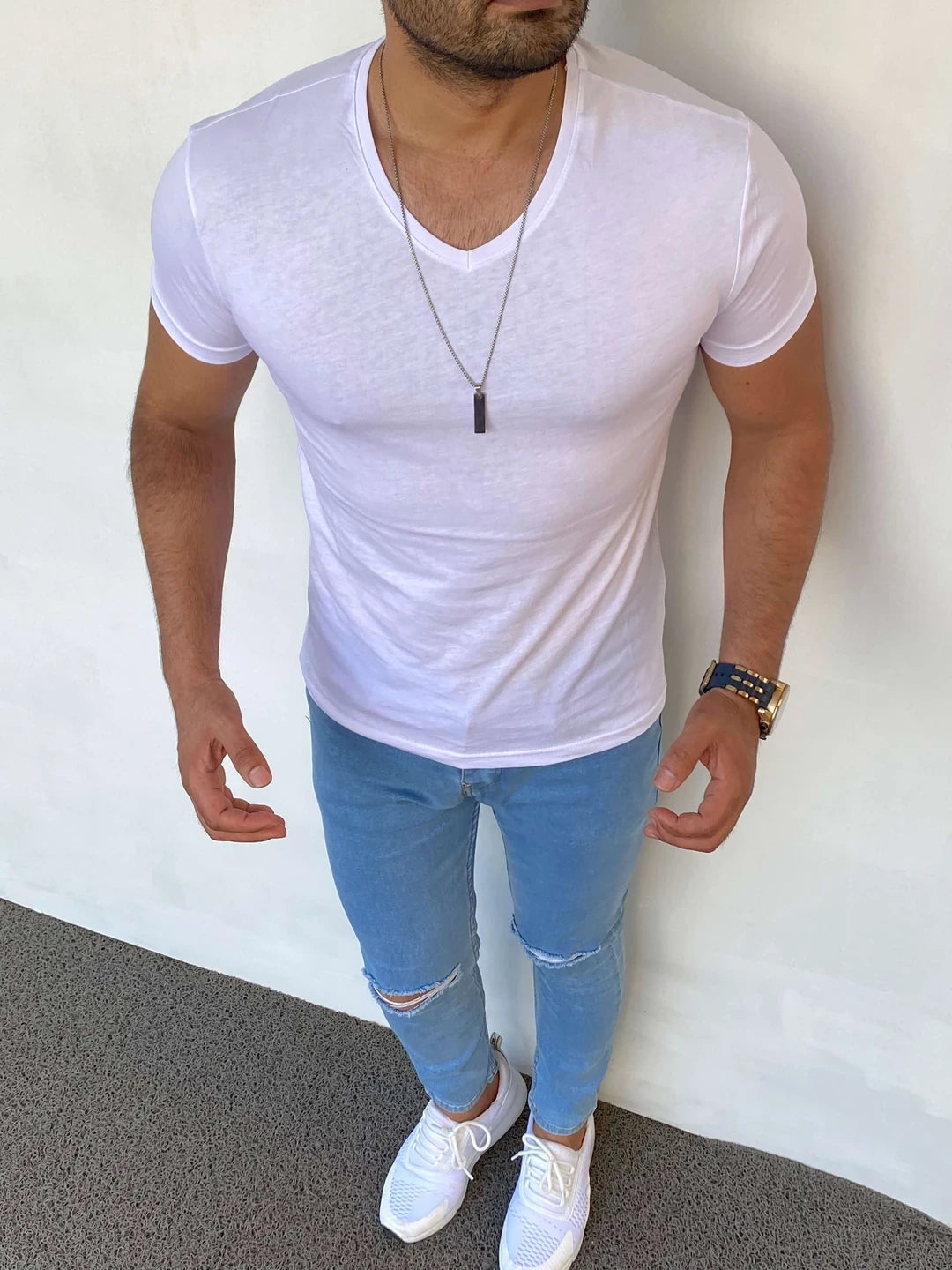 Slim Fit Pamuk Likra Basic V Yaka Tshırt