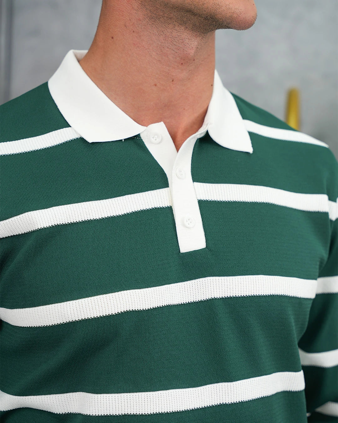 Pamuk Likra Slim Fit Örgü Yatay Desen Yaka Şerit Detaylı Polo Yaka Kazak