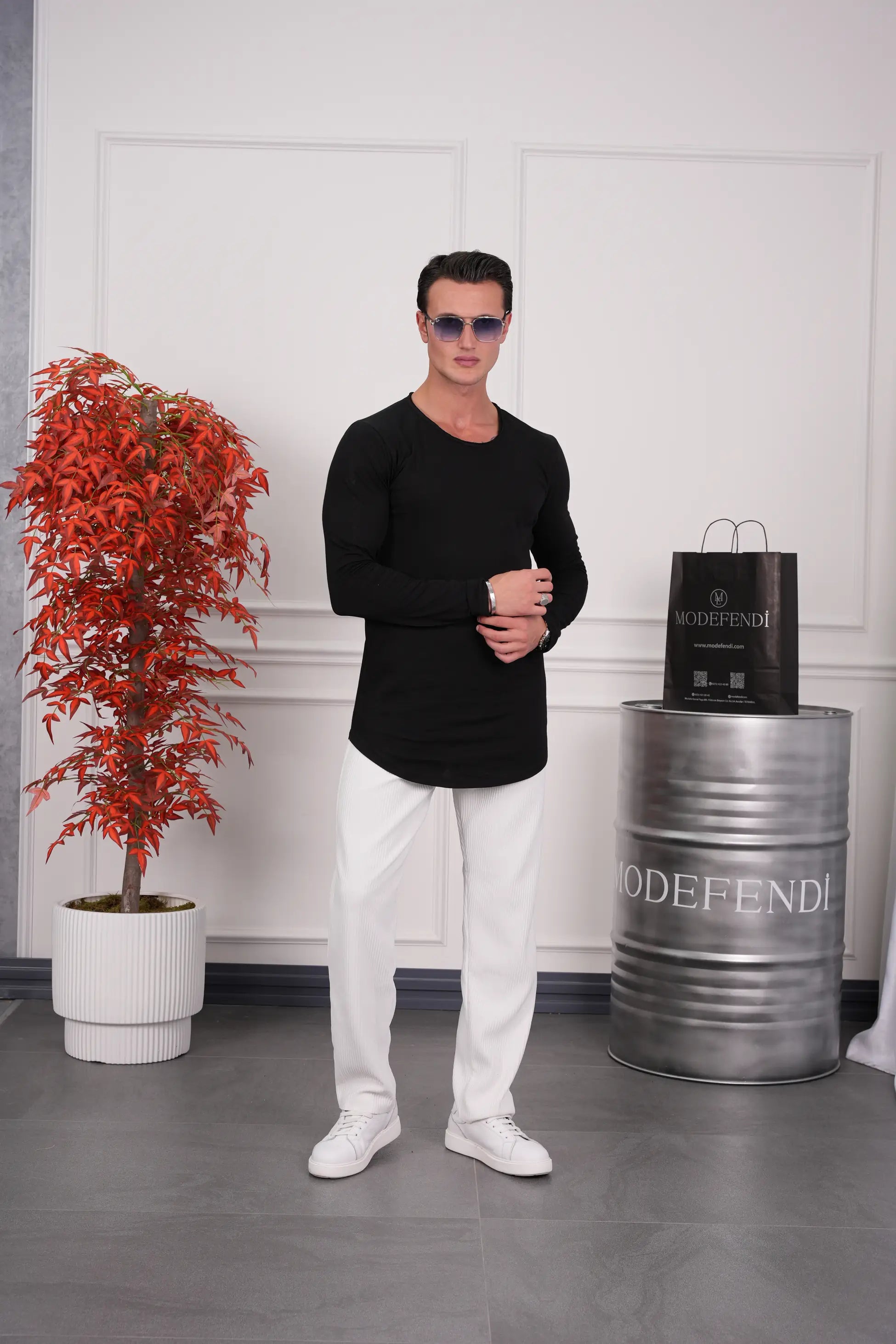 Slim Fit Oval Kesim Uzun Kollu Pamuk Basic Tshırt